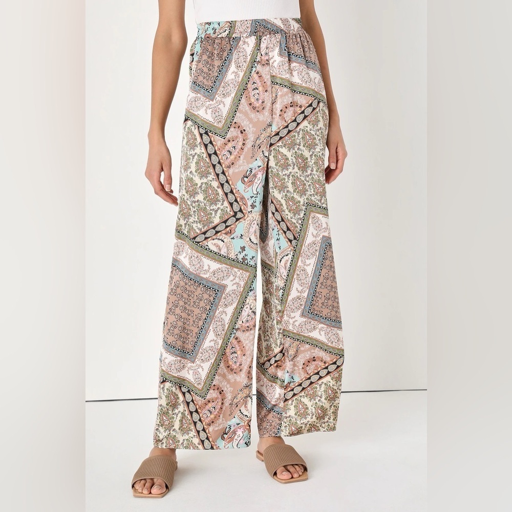 Lulus Touring Taormina Ivory Multi Scarf Print Satin Wide-Leg Pants 20854